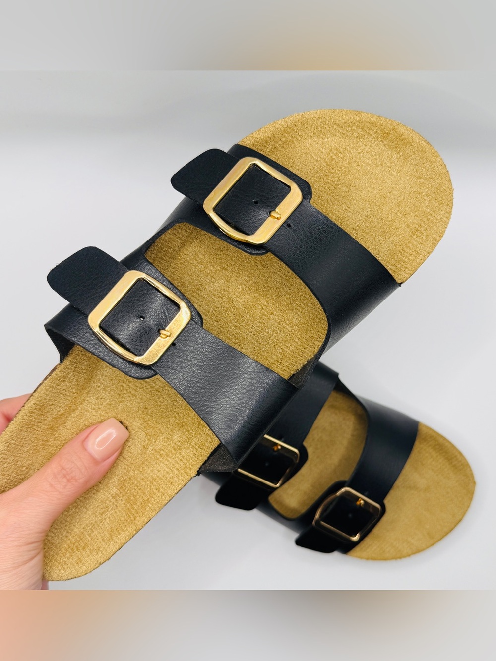 NWT Classic Double Buckle Black Cork Footbed Sandals - Size 9 - Picture 4 of 8